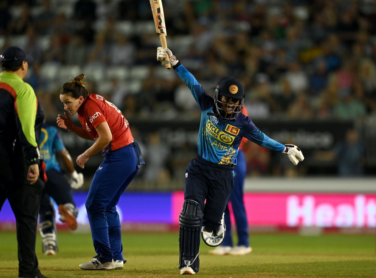 Harshitha Samarawickrama wheels past a cautious Kate Cross in celebration, England vs Sri Lanka, 3rd women's T20I, Derby, September 6, 2023