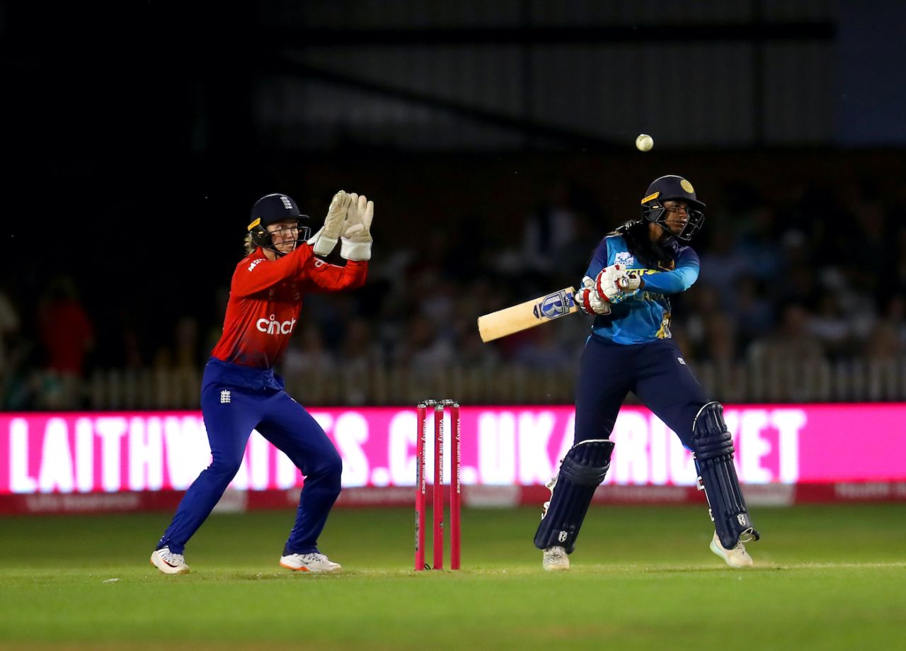 Vishmi Gunaratne lets a bouncer go to Amy Jones, England vs Sri Lanka, 3rd women's T20I, Derby, September 6, 2023