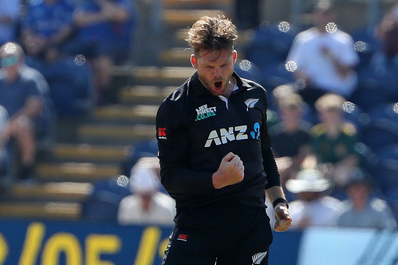 Lockie Ferguson celebrates the wicket of Harry Brook, England vs New Zealand, 1st ODI, Cardiff, September 8, 2023