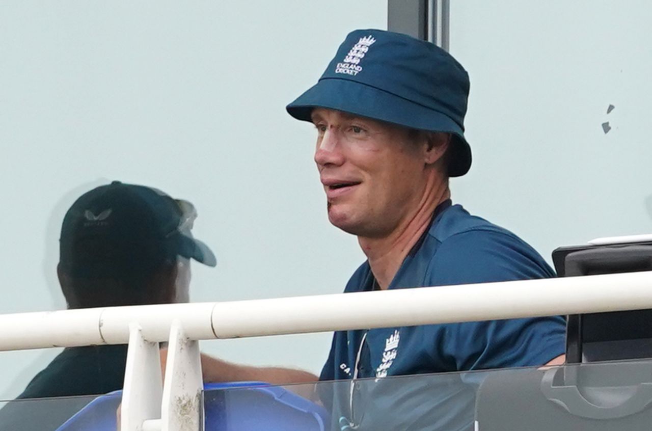 Andrew Flintoff, sporting facial scars after an accident during the filming of Top Gear, looks on from the England dressing-room, England vs New Zealand, 1st ODI, Cardiff, September 8, 2023