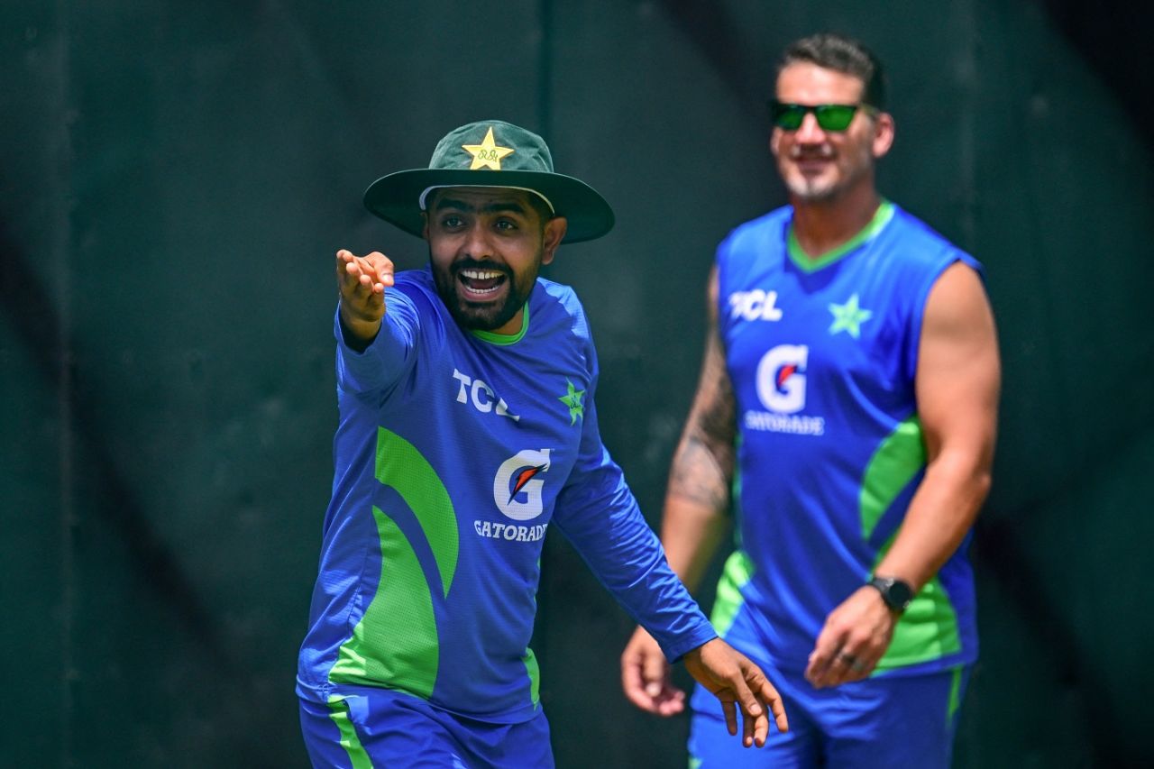 Babar Azam finds a reason to smile during a training session, Colombo, September 9, 2023