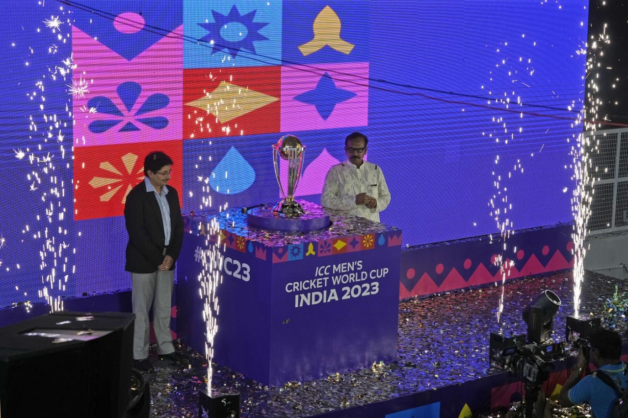 CAB president Snehasish Ganguly poses with the ODI World Cup, Kolkata, September 9, 2023