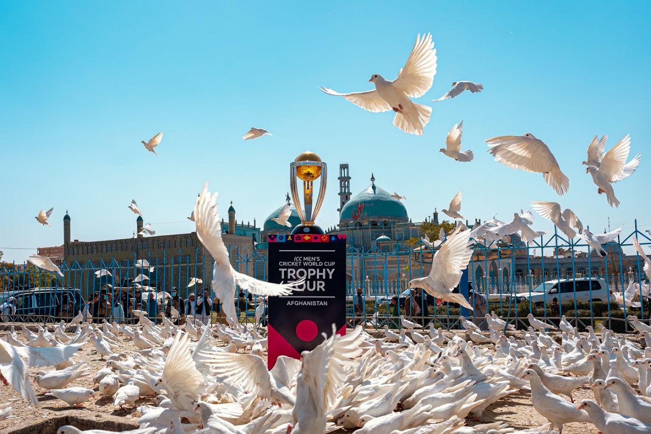 The World Cup trophy on display in front of the Blue Mosque in Afghanistan, Mazar, September 9, 2023
