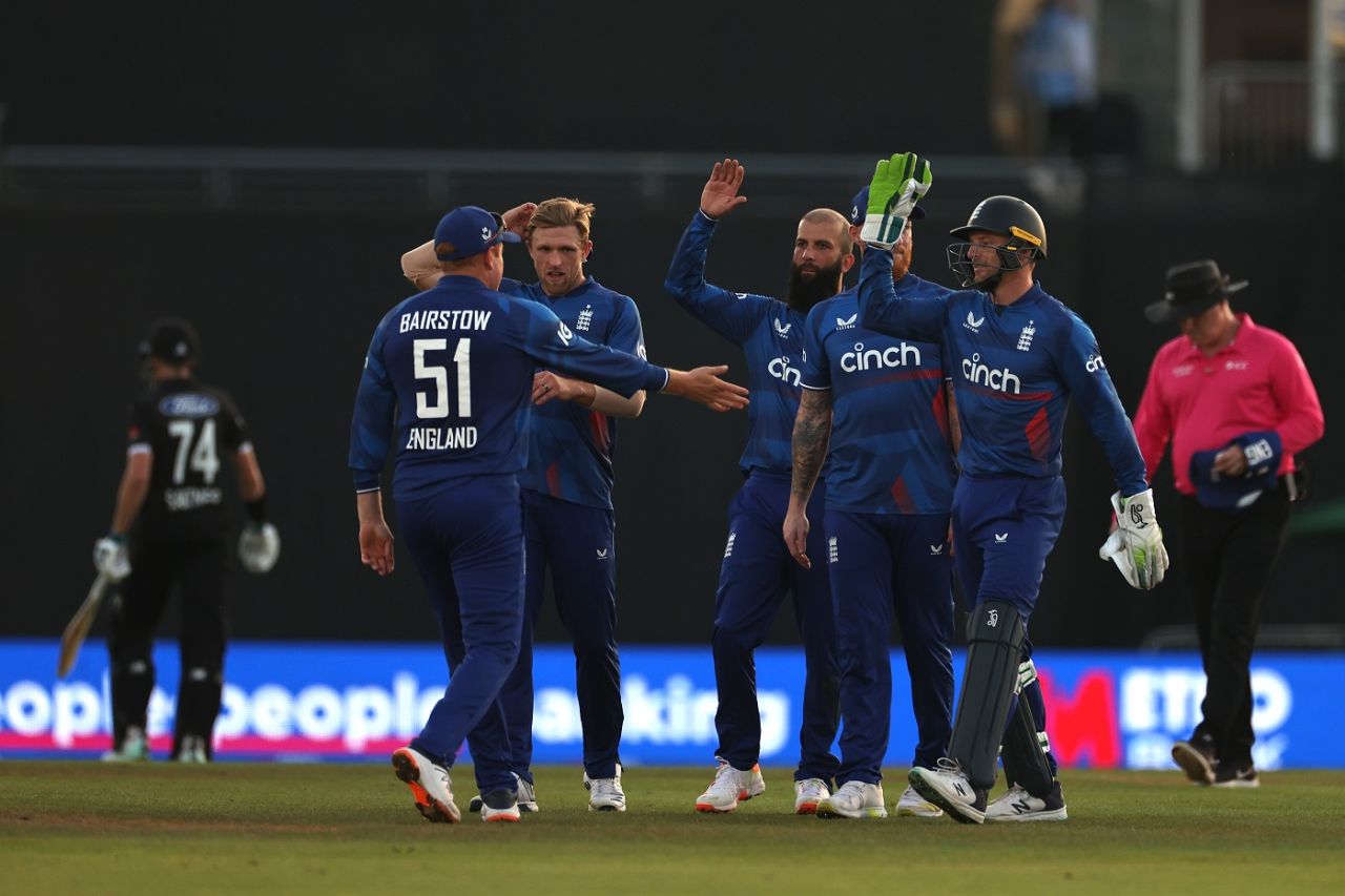 Moeen Ali and his mates celebrate the wicket of Mitchell Santner, England vs New Zealand, 2nd ODI, Ageas Bowl, September 10, 2023