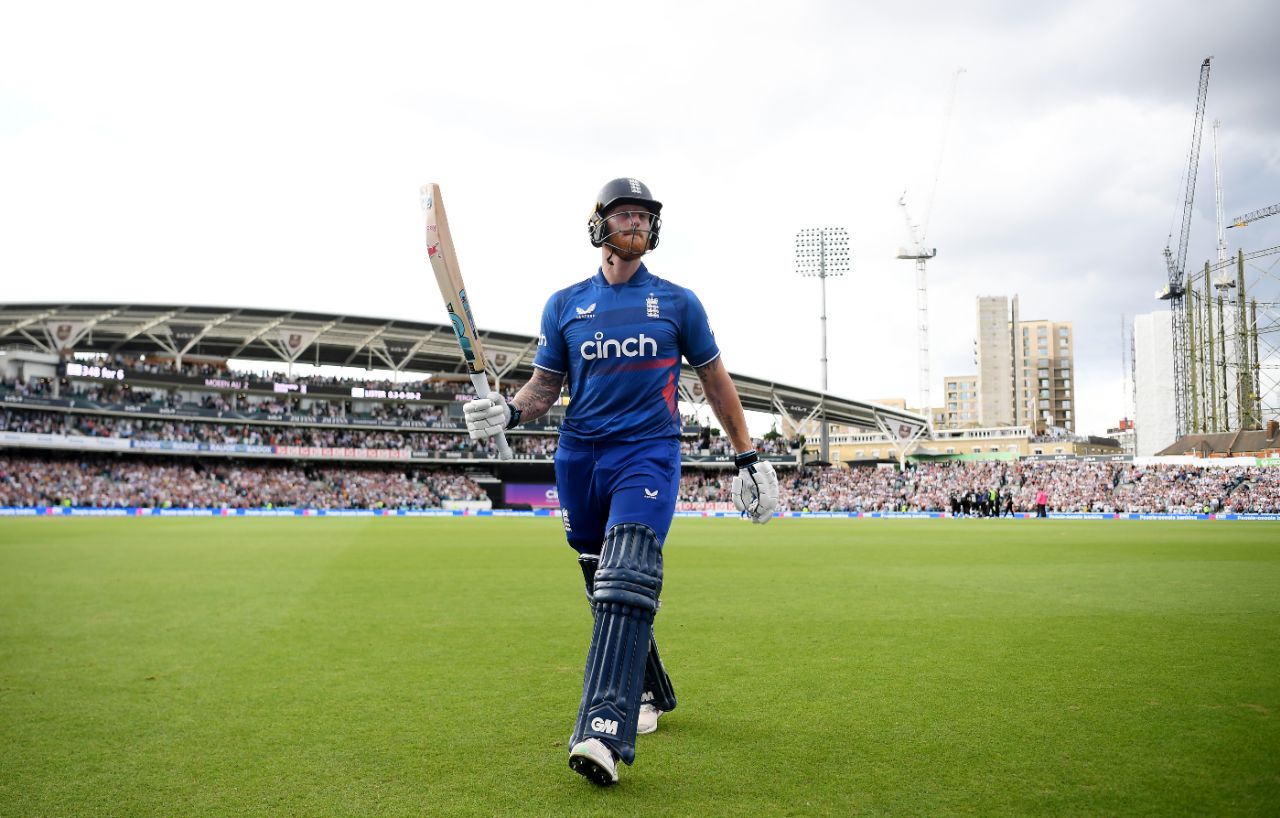 Ben Stokes acknowledges the crowd after falling for an England ODI record 182, England vs New Zealand, 3rd ODI, The Oval, September 13, 2023