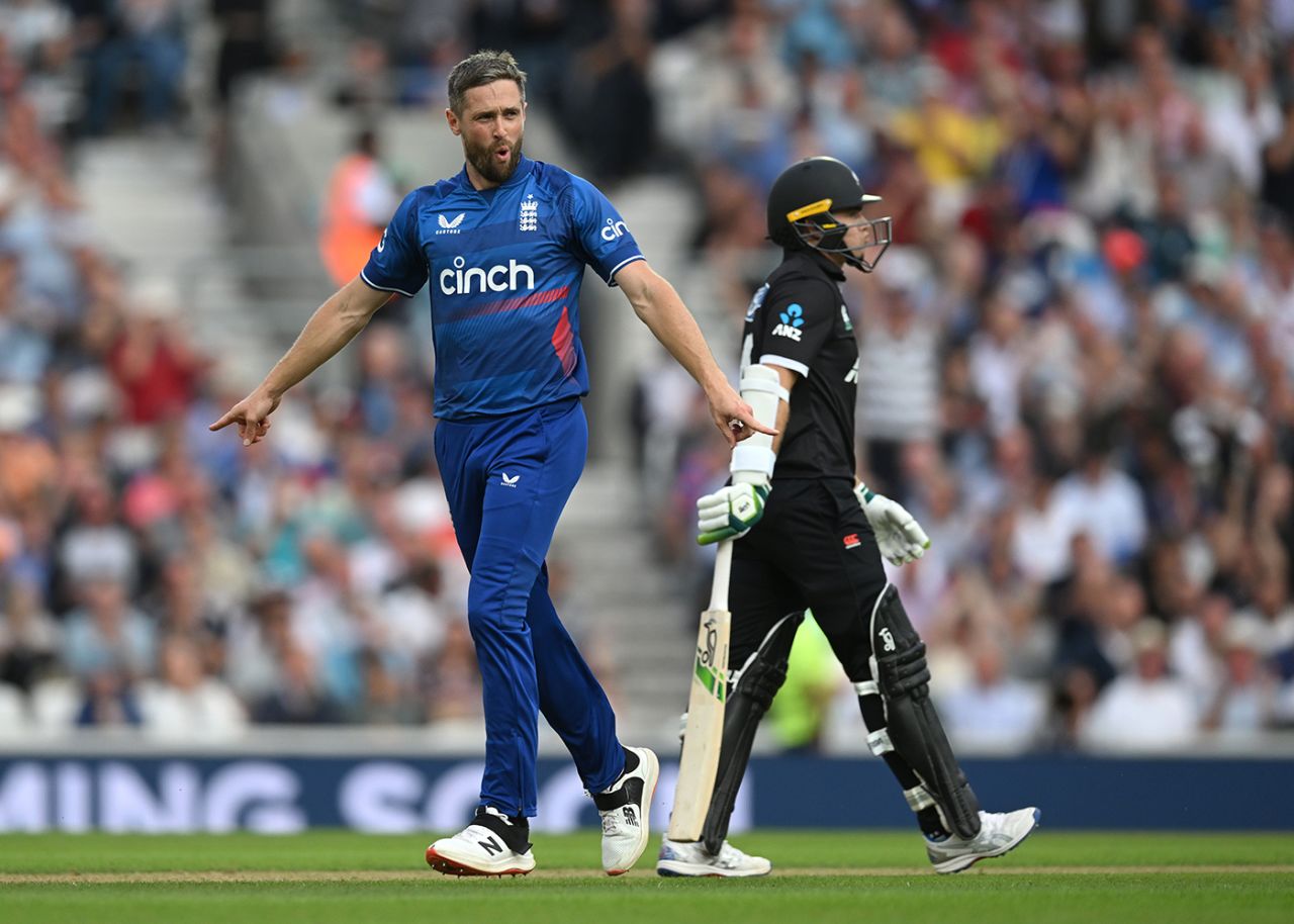 Chris Woakes celebrates after taking the wicket Tom Latham, England vs New Zealand, 3rd ODI, The Oval, September 13, 2023