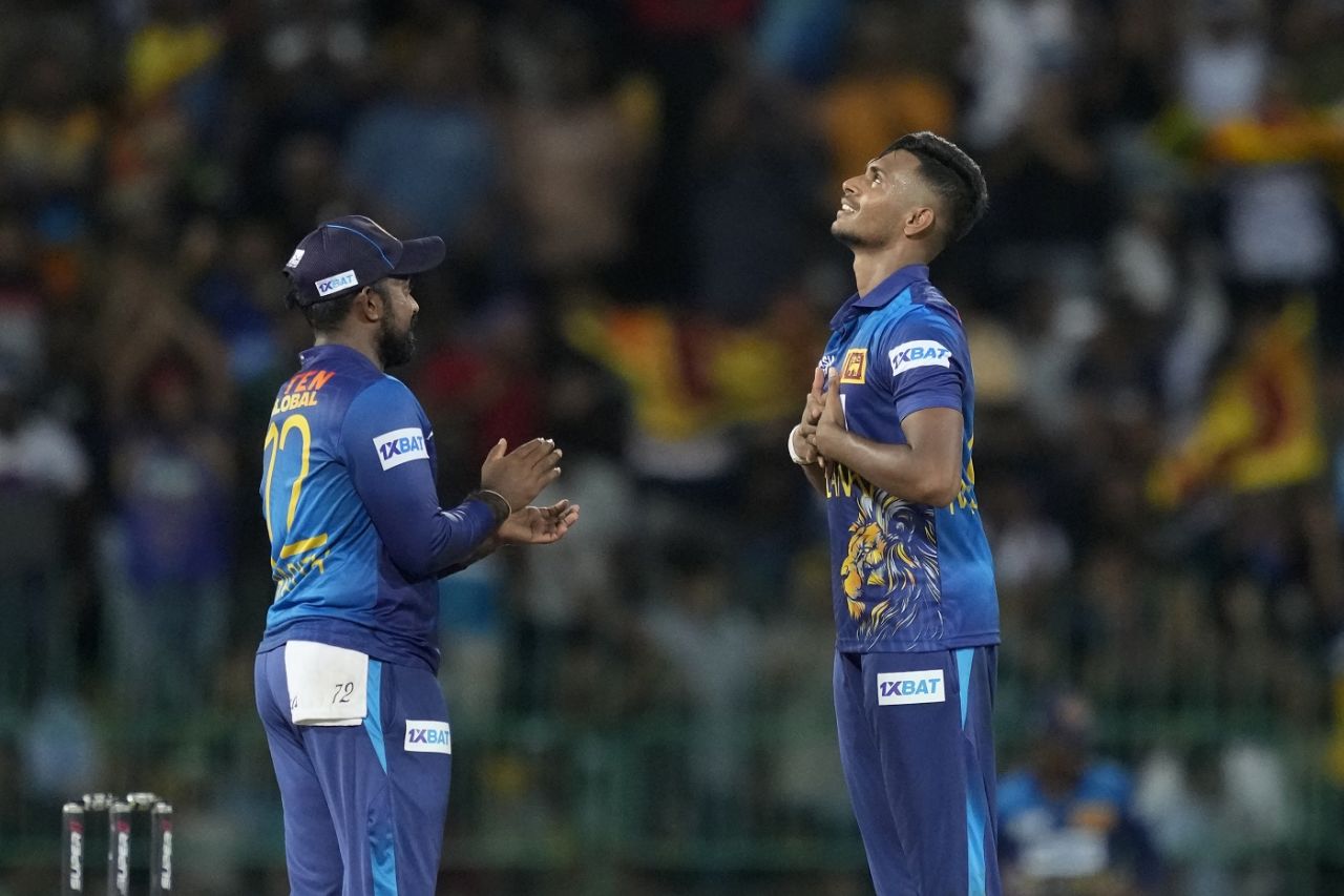 Matheesha Pathirana celebrates after sending back Mohammad Haris, Sri Lanka vs Pakistan, Super Four, Asia Cup, Colombo, September 14, 2023