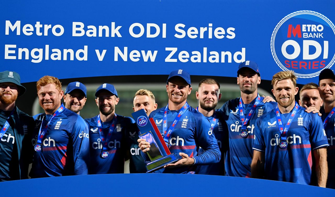 Jos Buttler poses with the series trophy, England vs New Zealand, 4th ODI, Lord's, September 15, 2023