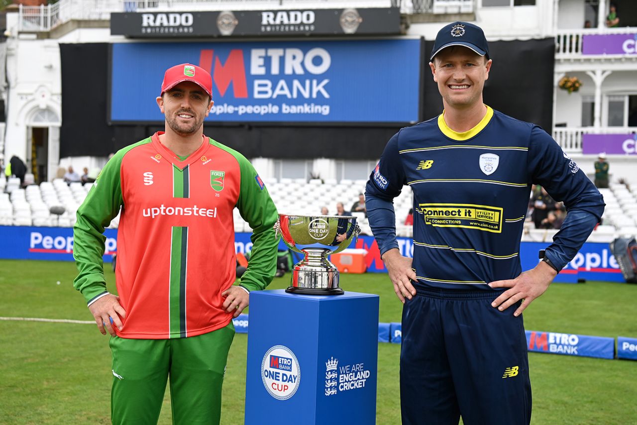 Lewis Hill and Nick Gubbins pose with the trophy, Leicestershire vs Hampshire, Metro Bank Cup final, Trent Bridge, September 16, 2023