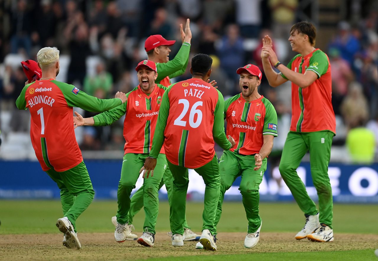 Leicestershire celebrate after Josh Hull closed out victory off the final ball, Leicestershire vs Hampshire, Metro Bank Cup final, Trent Bridge, September 16, 2023