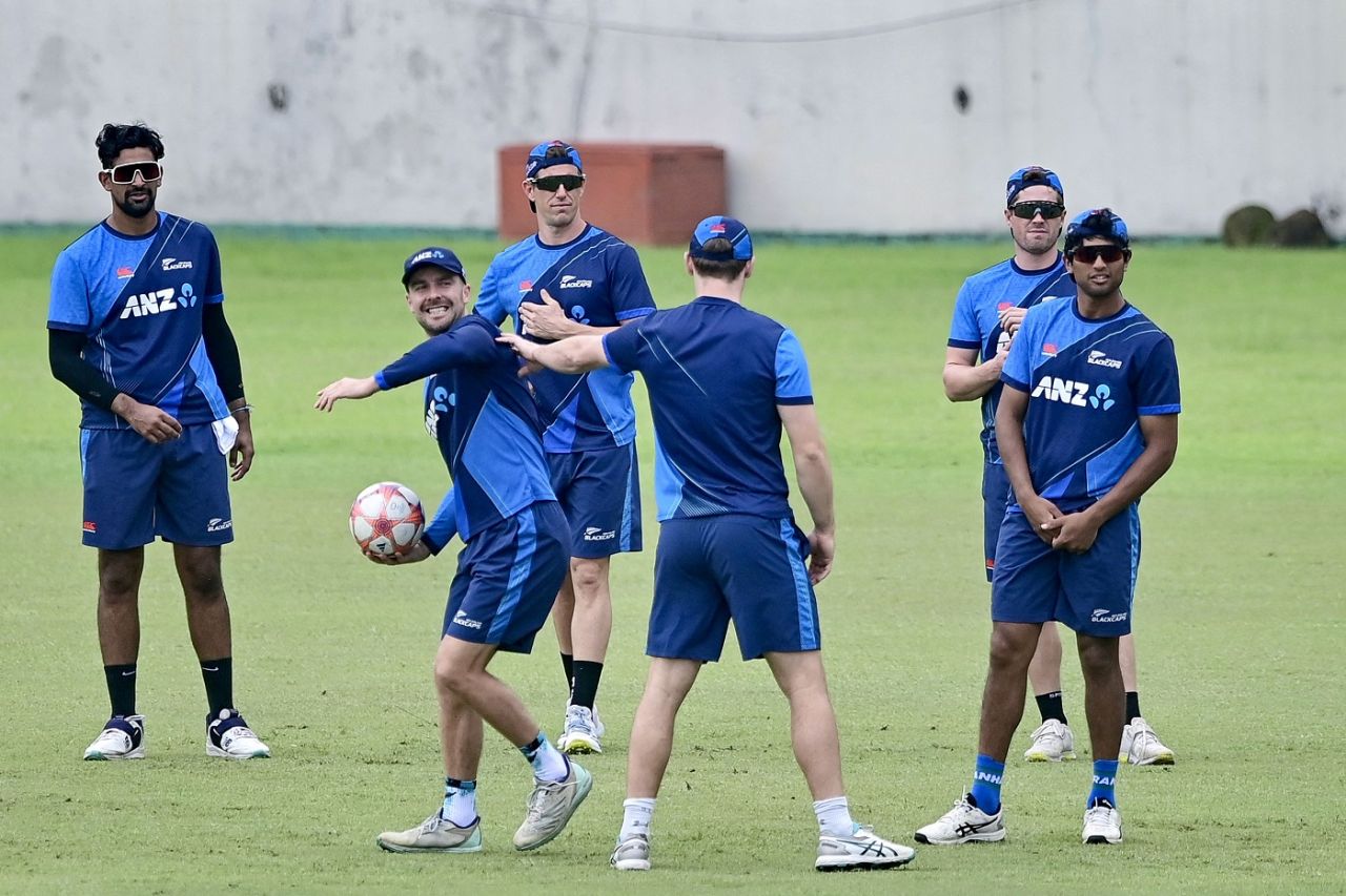 The New Zealand team enjoy a game of football on the eve of the first ODI, Dhaka, September 20, 2023