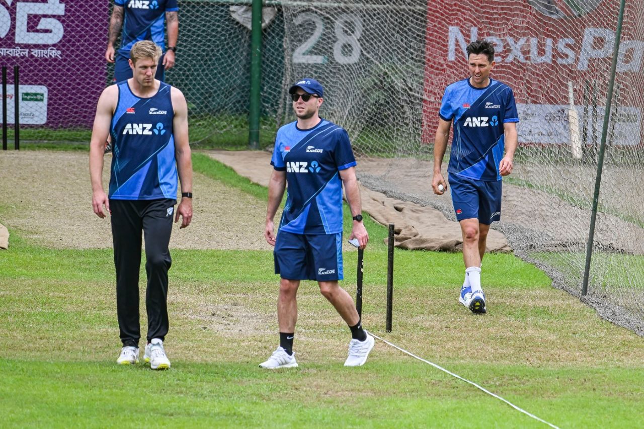 Kyle Jamieson, Henry Nicholls and Trent Boult attend a practice session, Dhaka, September 20, 2023