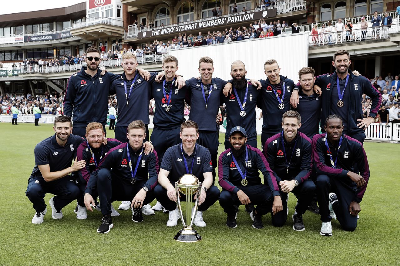 England players pose with the World Cup trophy, The Oval, July 15, 2019