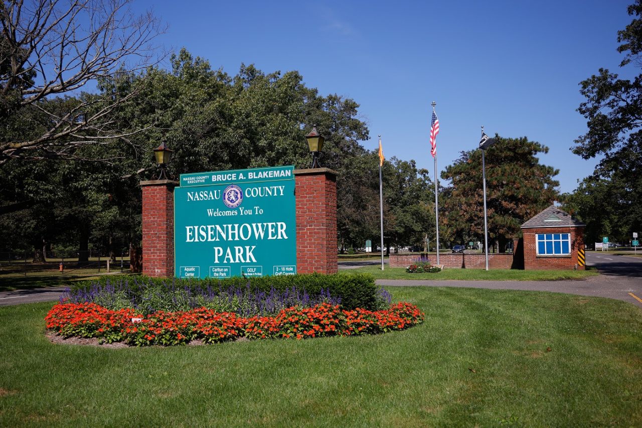 A welcome board outside Eisenhower Park which will host the 2024 T20 World Cup, New York, September 21, 2023