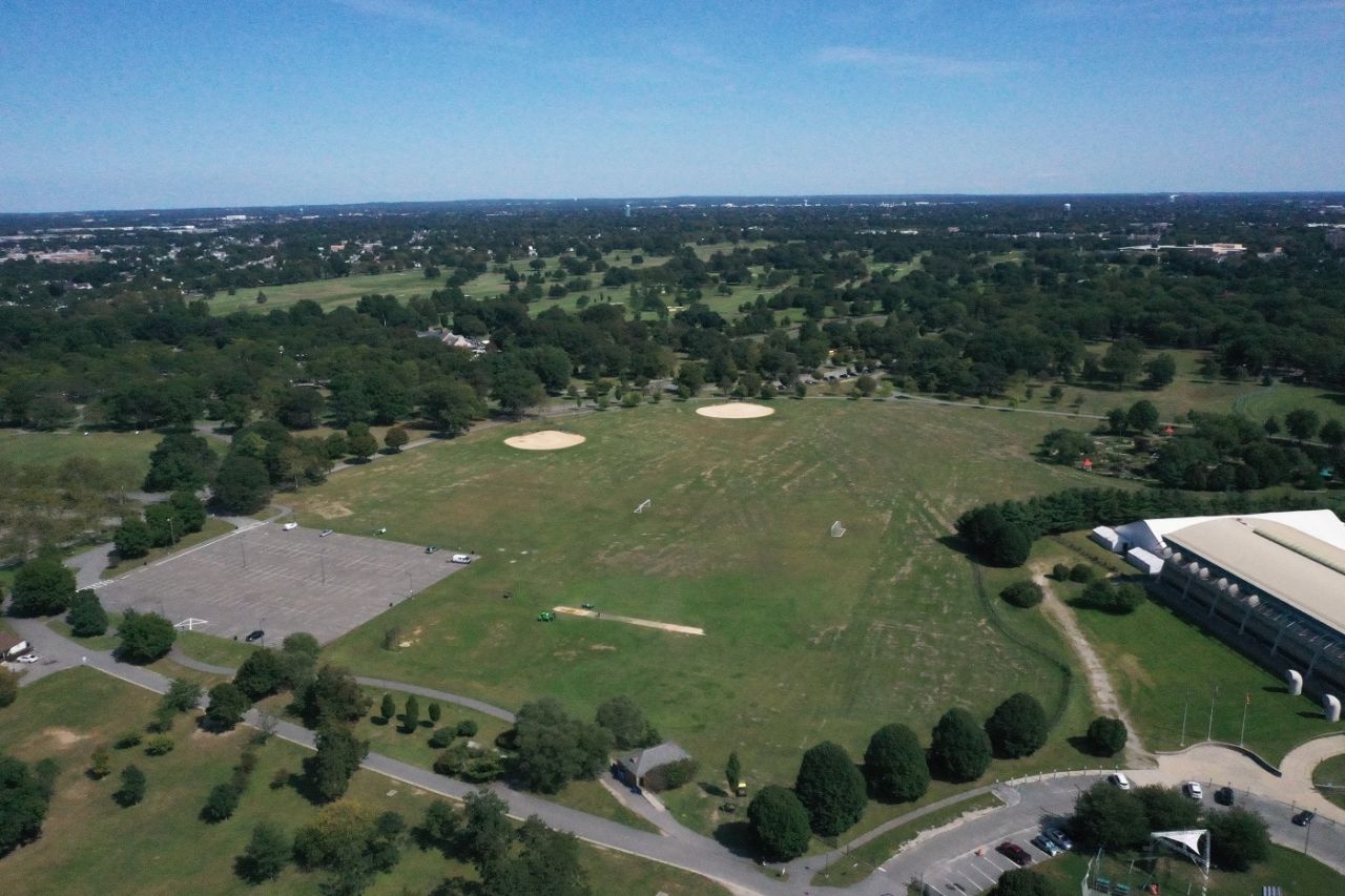 An aerial view of the area planned for construction at Eisenhower Park, venue for the 2024 T20 World Cup, New York, September 21, 2023