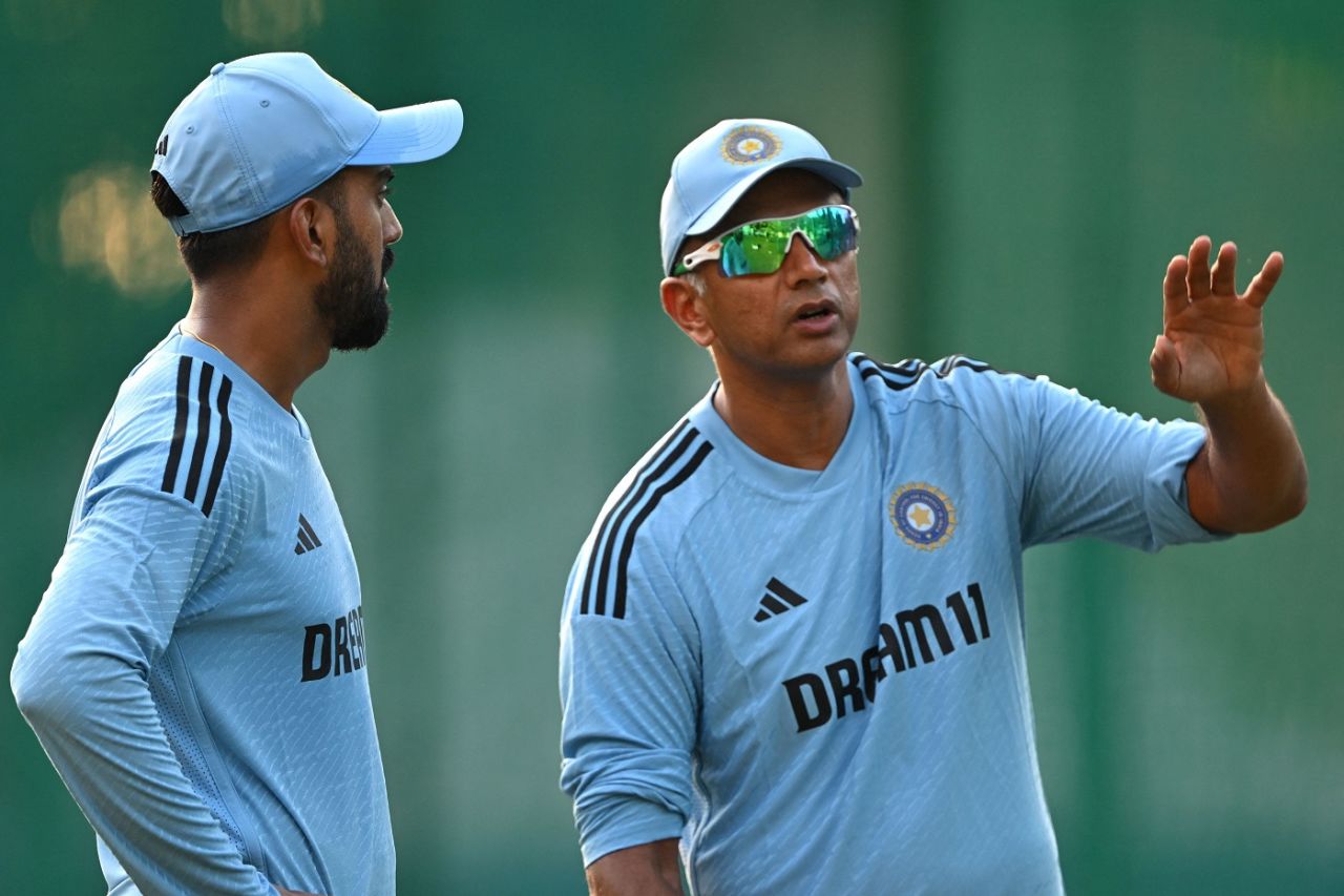 KL Rahul has a chat with Rahul Dravid at a practice session, Mohali, Sept 21, 2023