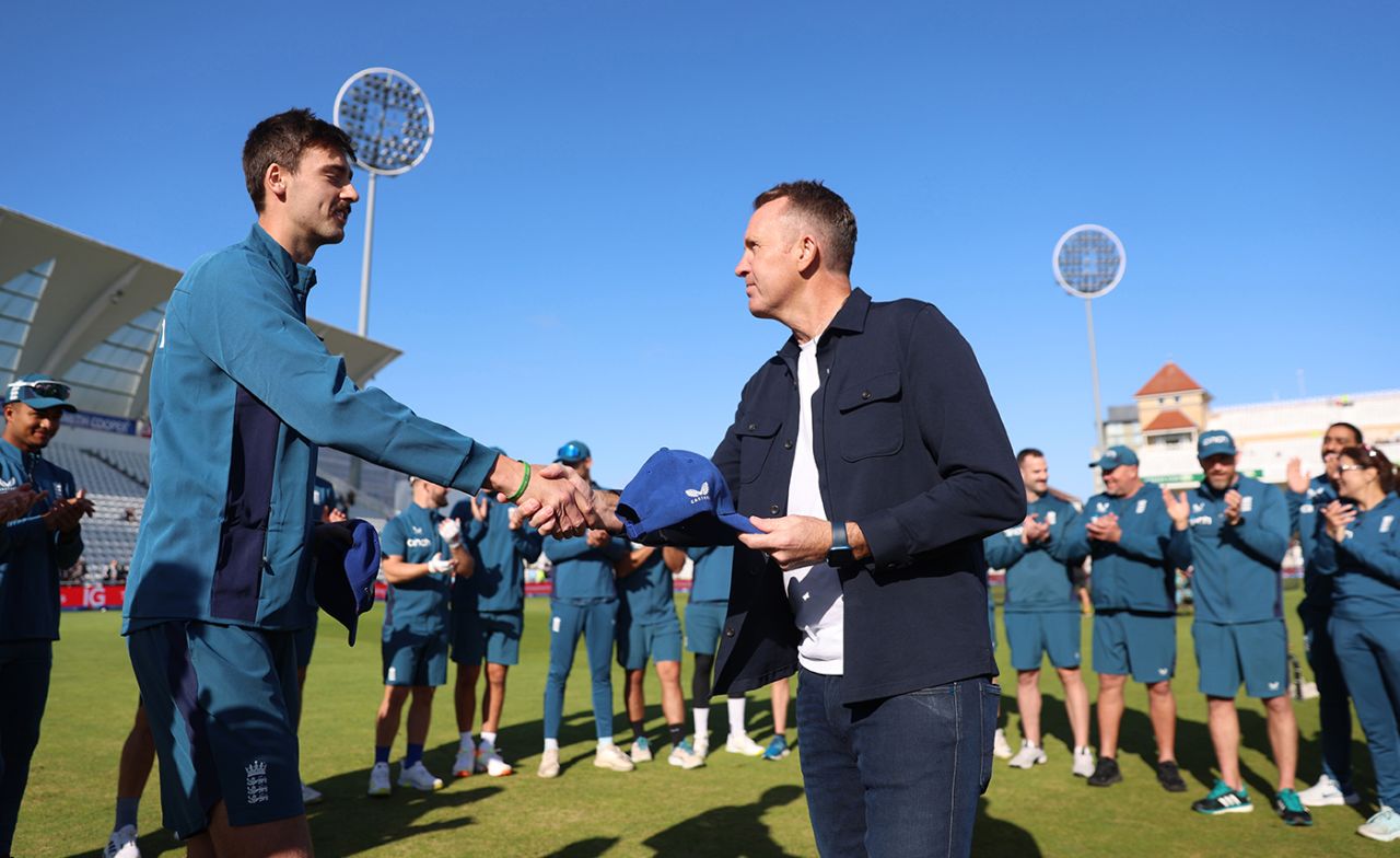 George Scrimshaw was given his ODI cap by Dominic Cork, England vs Ireland, 2nd ODI, Trent Bridge, September 23, 2023
