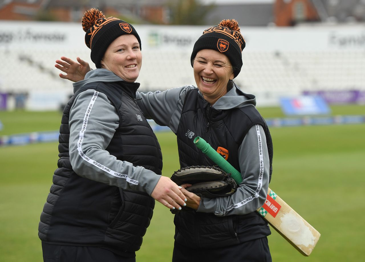 Anya Shrubsole and Charlotte Edwards share a laugh, Southern Vipers vs Blaze, Rachael Heyhoe Flint Trophy final, Northampton, September 24, 2023