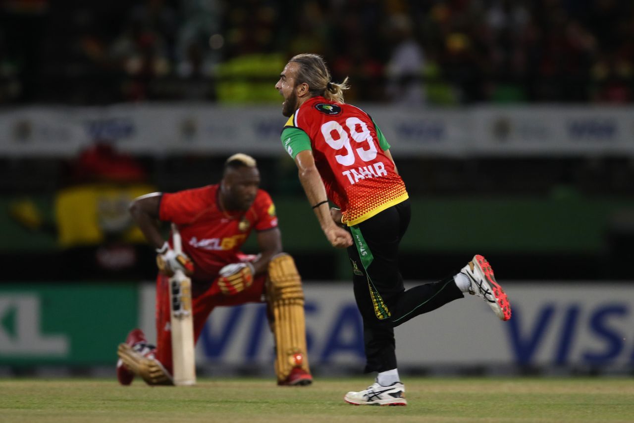 Imran Tahir roars away after removing Andre Russell, Guyana Amazon Warriors vs Trinbago Knight Riders, CPL 2023, final, Providence, September 24, 2023