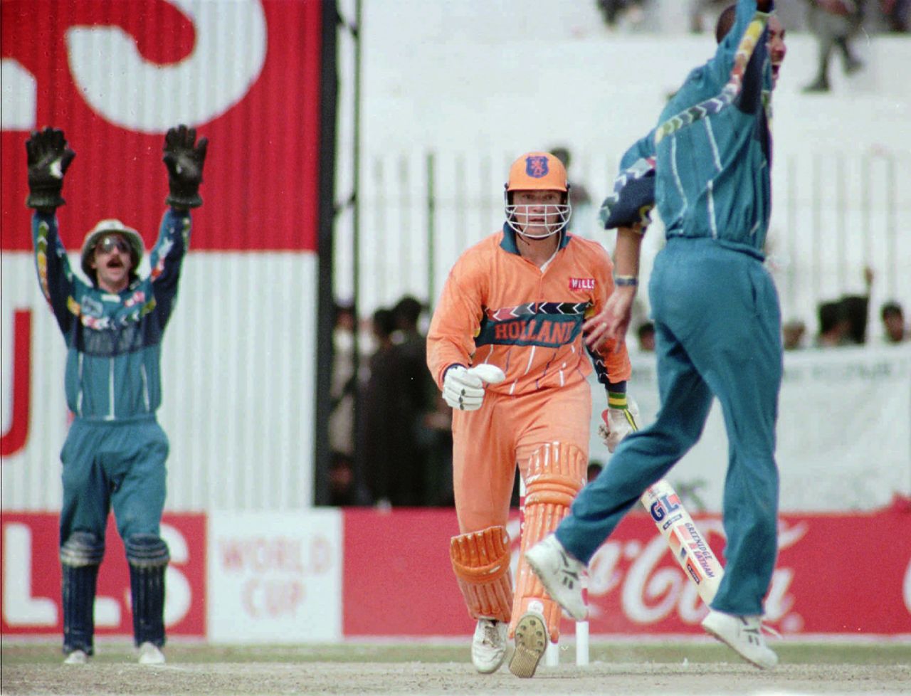 Phil DeFreitas appeals for Tim de Leede's wicket, England v Netherlands, Group B, World Cup, Peshawar, February 22, 1996
