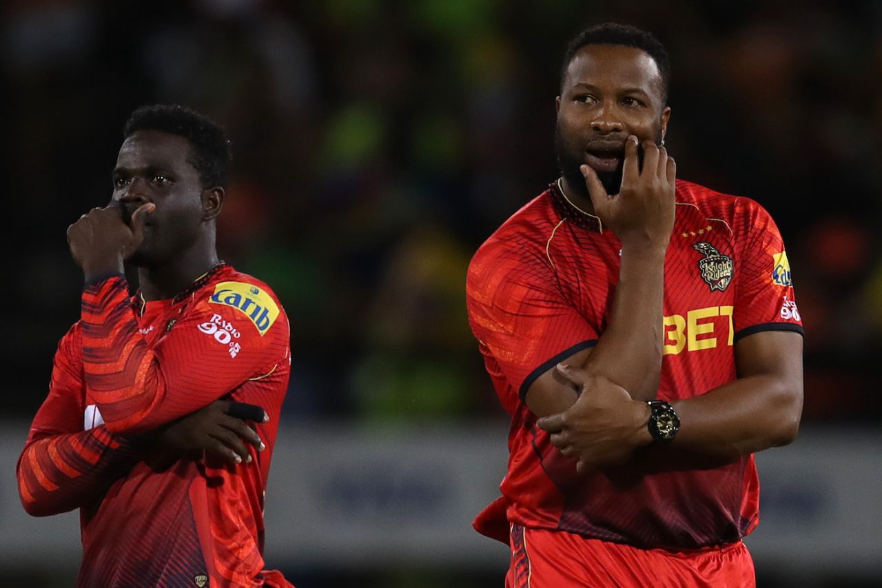 Chadwick Walton and Kieron Pollard watch their team go down in the final, Guyana Amazon Warriors vs Trinbago Knight Riders, CPL 2023, final, Providence, September 24, 2023