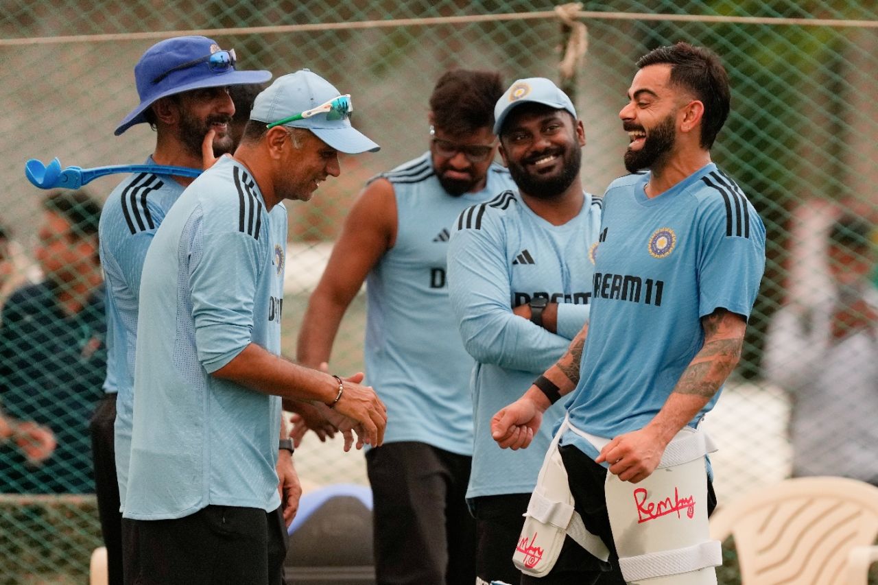 Vikram Rathour, Rahul Dravid, Virat Kohli and others share a light moment, Rajkot, September 26, 2023