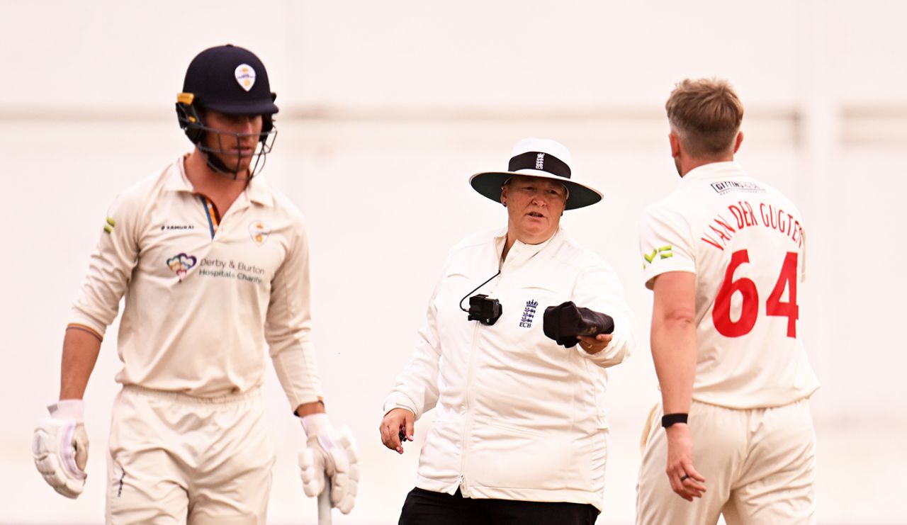 Luis Reece batted through the day as Sue Redfern made her Championship debut, Glamorgan vs Derbyshire, County Championship, Division Two, Cardiff, September 26, 2023