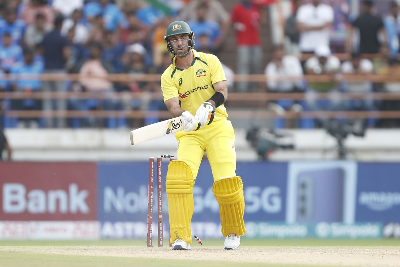 Glenn Maxwell's comeback innings lasted all of seven balls, thanks to a Jasprit Bumrah yorker, India vs Australia, 3rd ODI, Rajkot, September 27, 2023