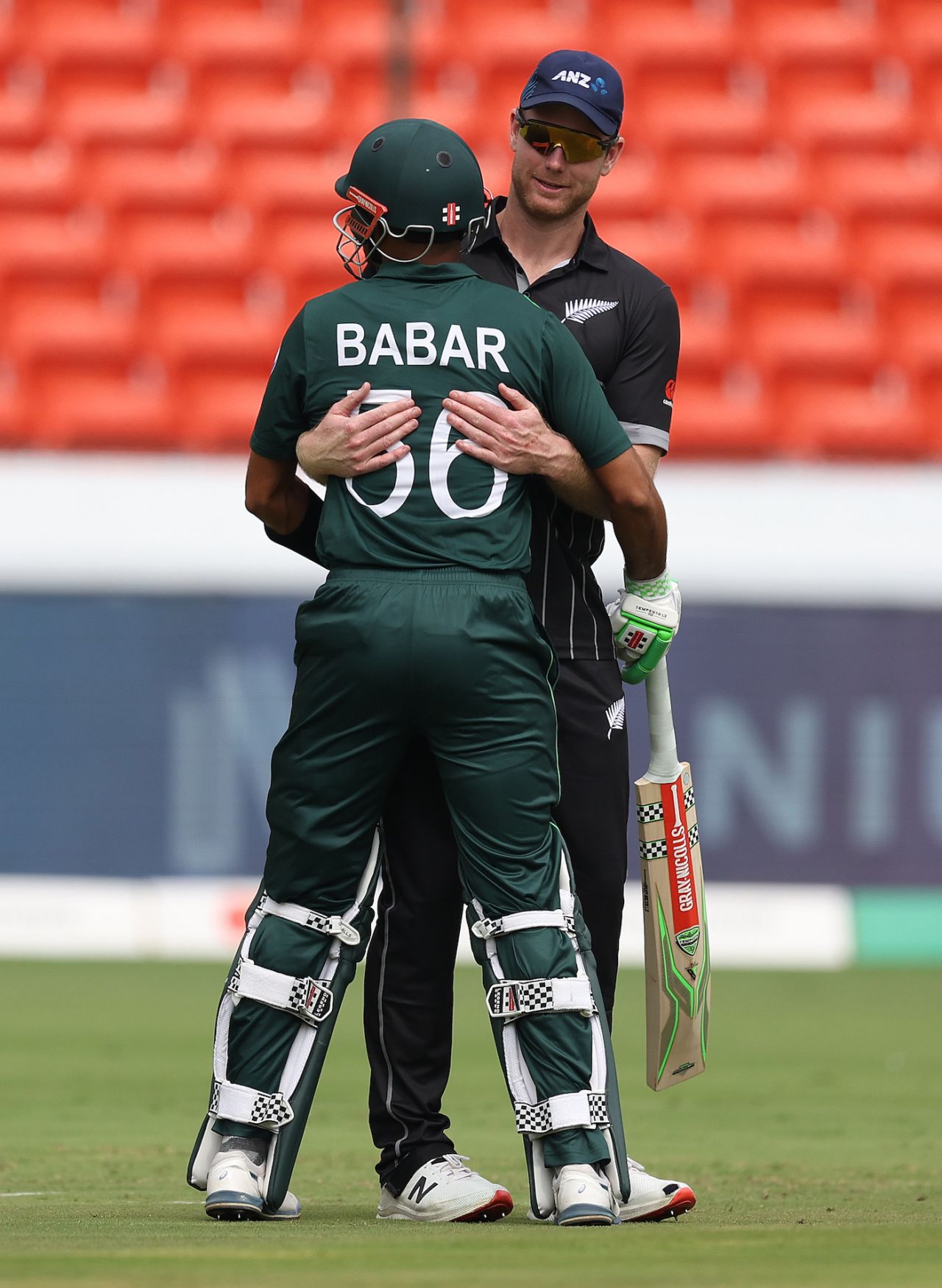 Babar Azam and James Neesham embrace as if Pakistan and Zealand haven't played each other enough this year, Pakistan vs New Zealand, World Cup 2023, warm-ups, Hyderabad, September 29, 2023