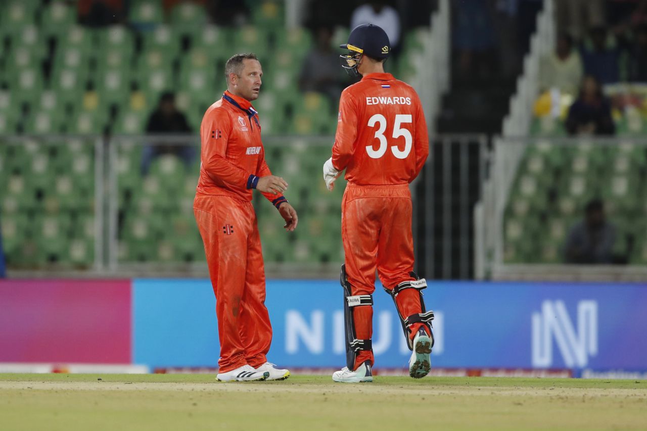 Roelof van der Merwe finished with figures of 3-0-12-2, Australia vs Netherlands, World Cup 2023, warm-ups, Thiruvananthapuram, September 30, 2023