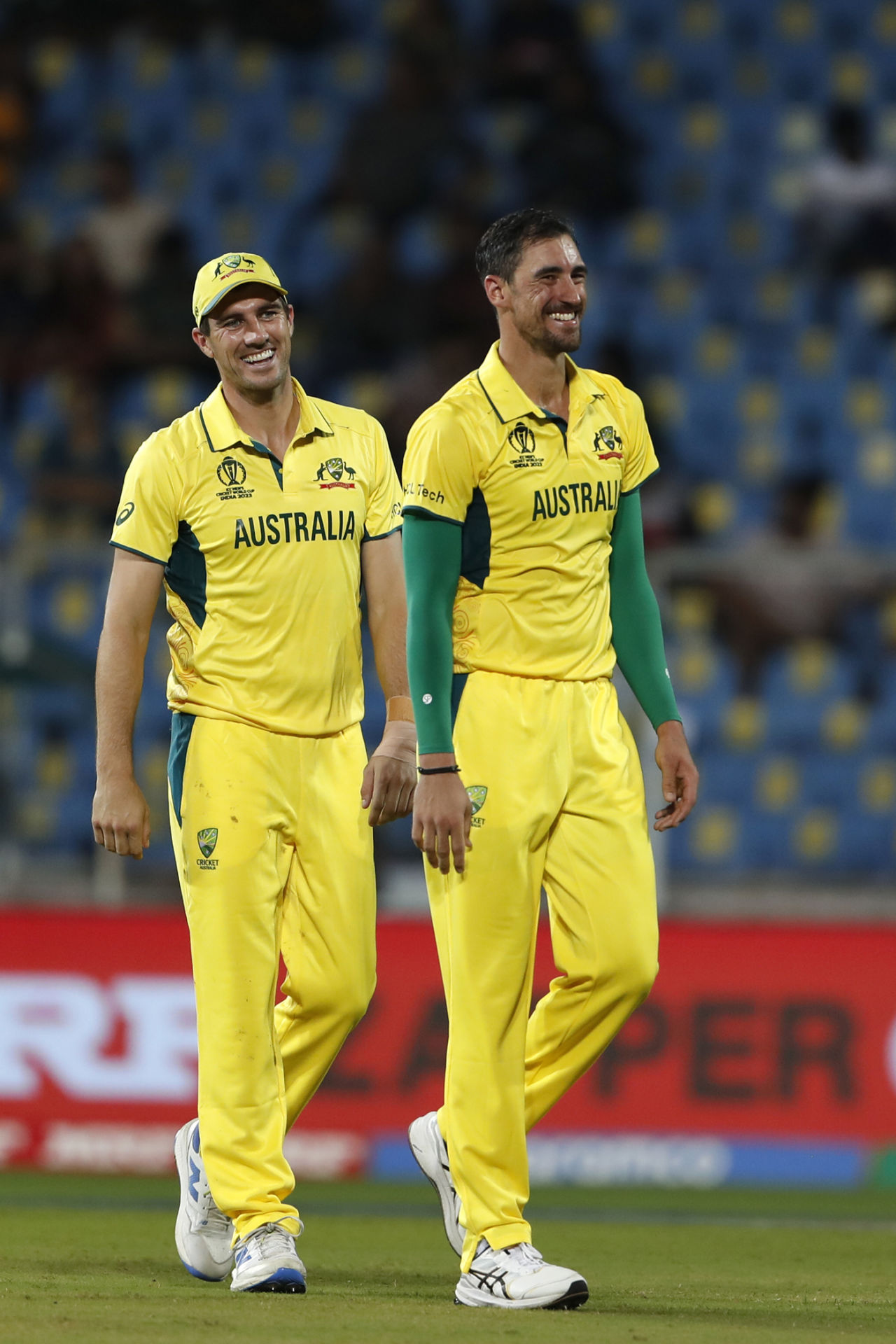 Smiling assassins: Pat Cummins and Mitchell Starc are in a good mood after the latter cut through Netherlands' top order, Australia vs Netherlands, World Cup 2023, warm-ups, Thiruvananthapuram, September 30, 2023