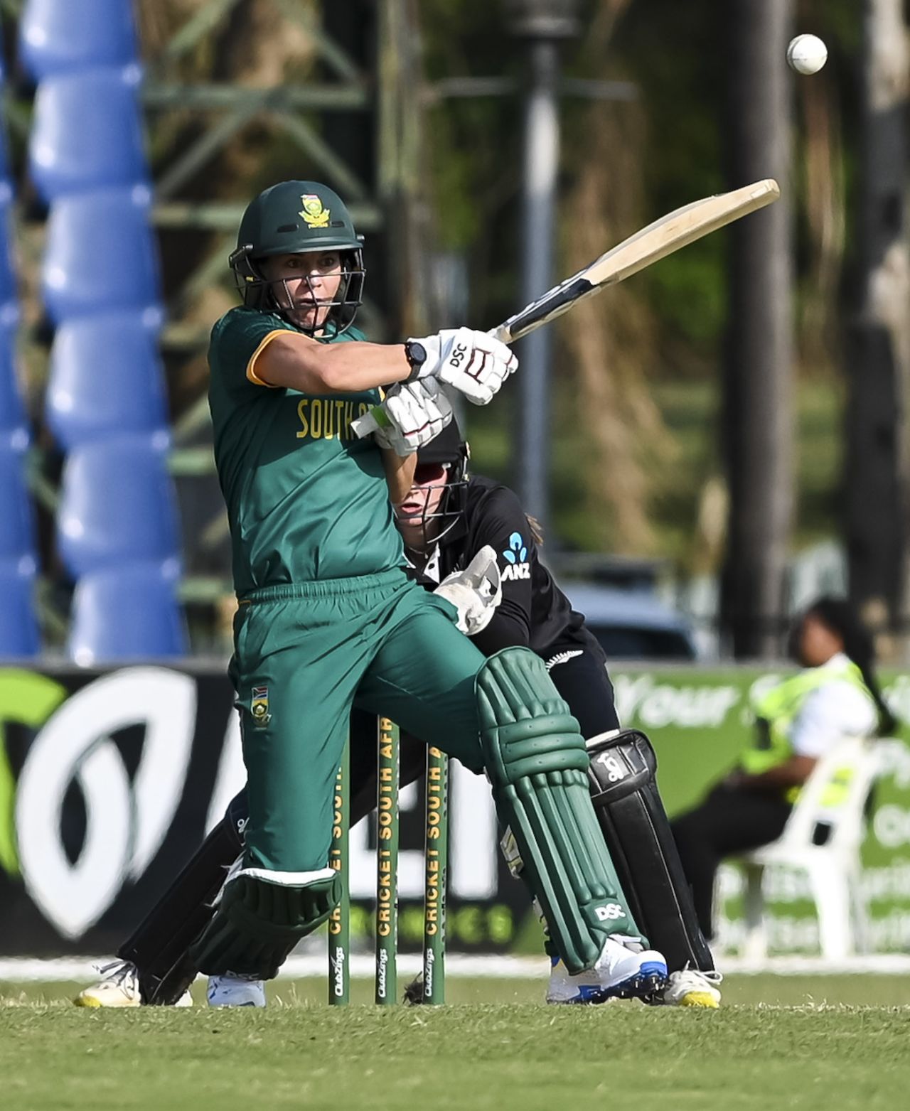 Marizanne Kapp muscles the ball away, South Africa vs New Zealand, 2nd women's ODI, Pietermaritzburg, September 28, 2023