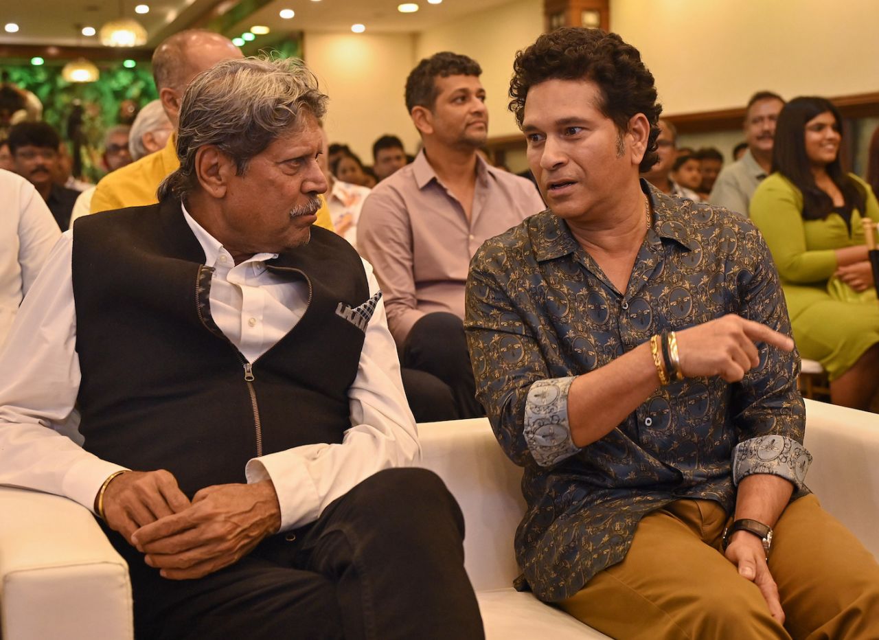 Kapil Dev and Sachin Tendulkar catch up at an event, Mumbai, October 1, 2023
