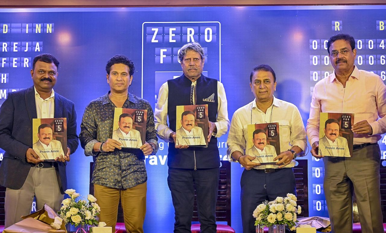 Pravin Amre, Sachin Tendulkar, Kapil Dev, Sunil Gavaskar and Dilip Vengsarkar at a book launch, Mumbai, October 1, 2023