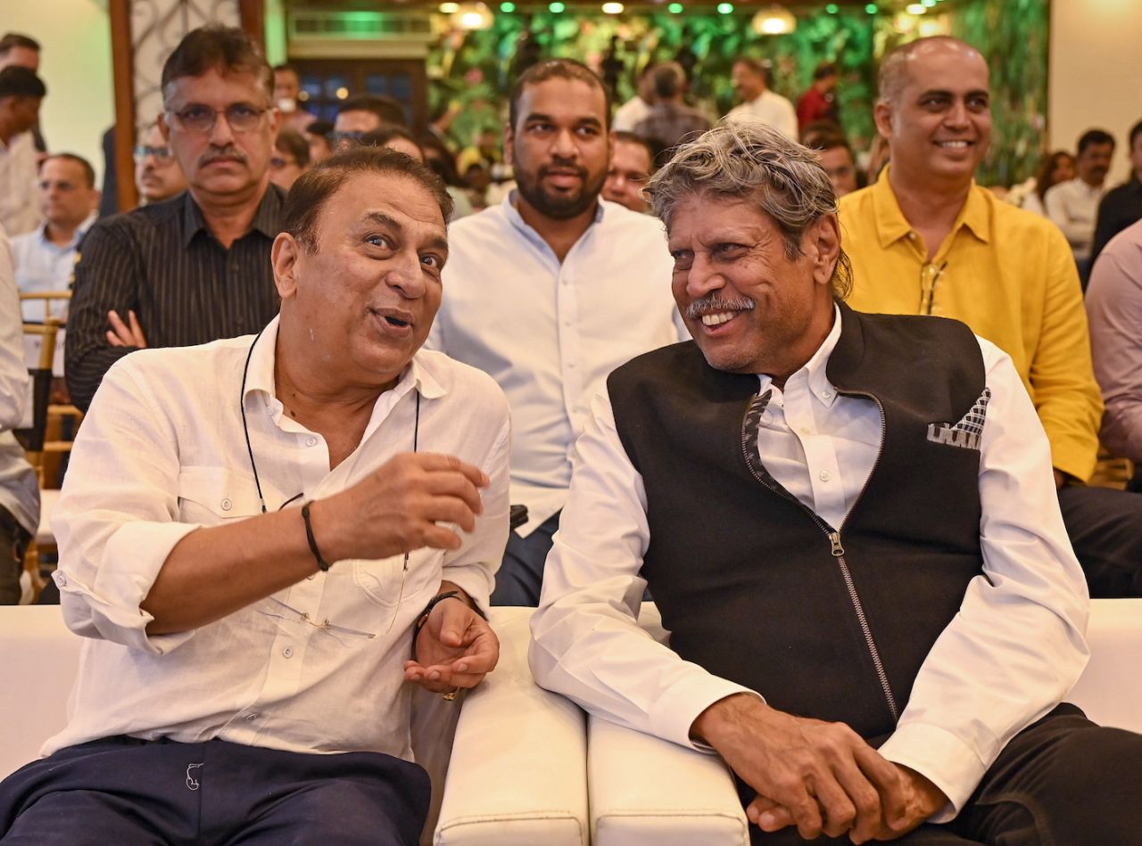 Former team-mates Sunil Gavaskar and Kapil Dev share a laugh at a book launch, Mumbai, October 1, 2023