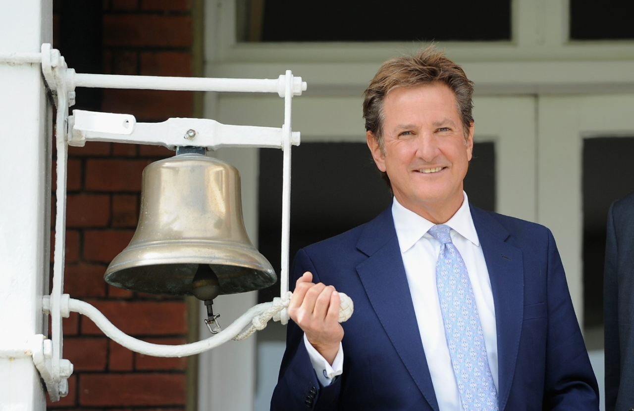 Mark Nicholas, the incoming president of MCC, pictured ringing the five-minute bell during a Test at Lord's, England vs New Zealand, Lord's, May 22, 2015