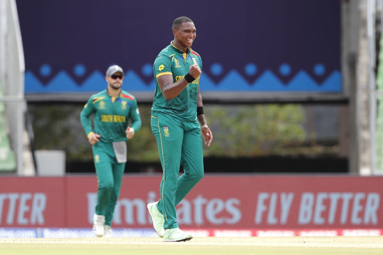 Lungi Ngidi celebrates a wicket, New Zealand vs South Africa, World Cup warm-up game, Thiruvananthapuram, October 2, 2023