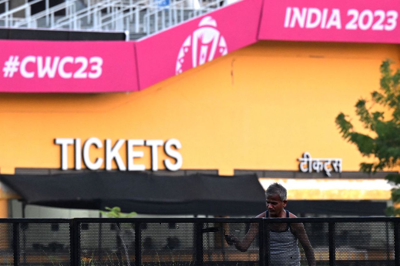 The ticket counter at the Narendra Modi Stadium gears up for the 2023 ODI World Cup, October 2, 2023
