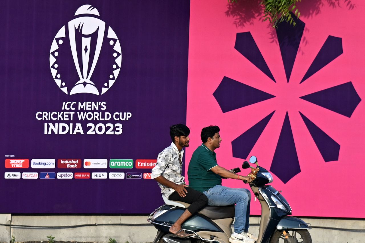Fans scoot about in the complex of the Narendra Modi Stadium, October 2, 2023