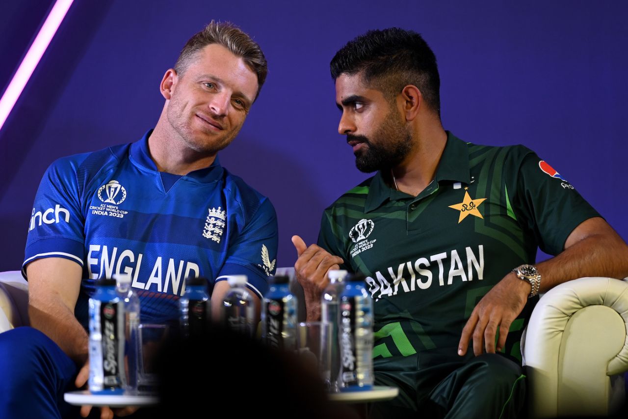 "Boundary countback is gone for real?" Jos Buttler and Babar Azam chat at the captains' event, World Cup 2023, Ahmedabad, October 4, 2023