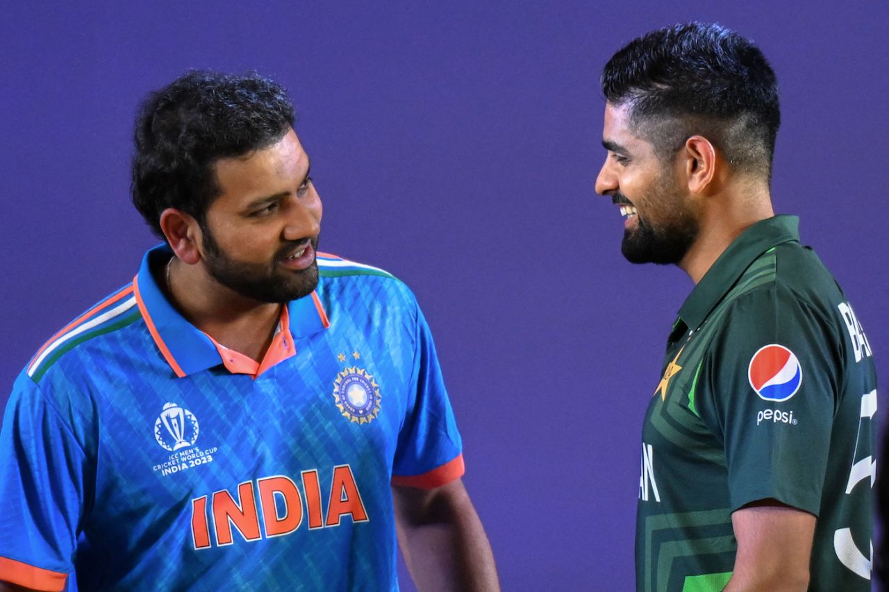 Rohit Sharma and Babar Azam catch up at the captains' day event, World Cup 2023, Ahmedabad, October 4, 2023