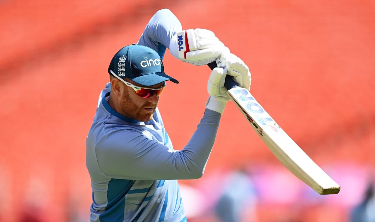 Jonny Bairstow prepares to play his shots, England vs New Zealand, World Cup 2023, Ahmedabad, October 5, 2023