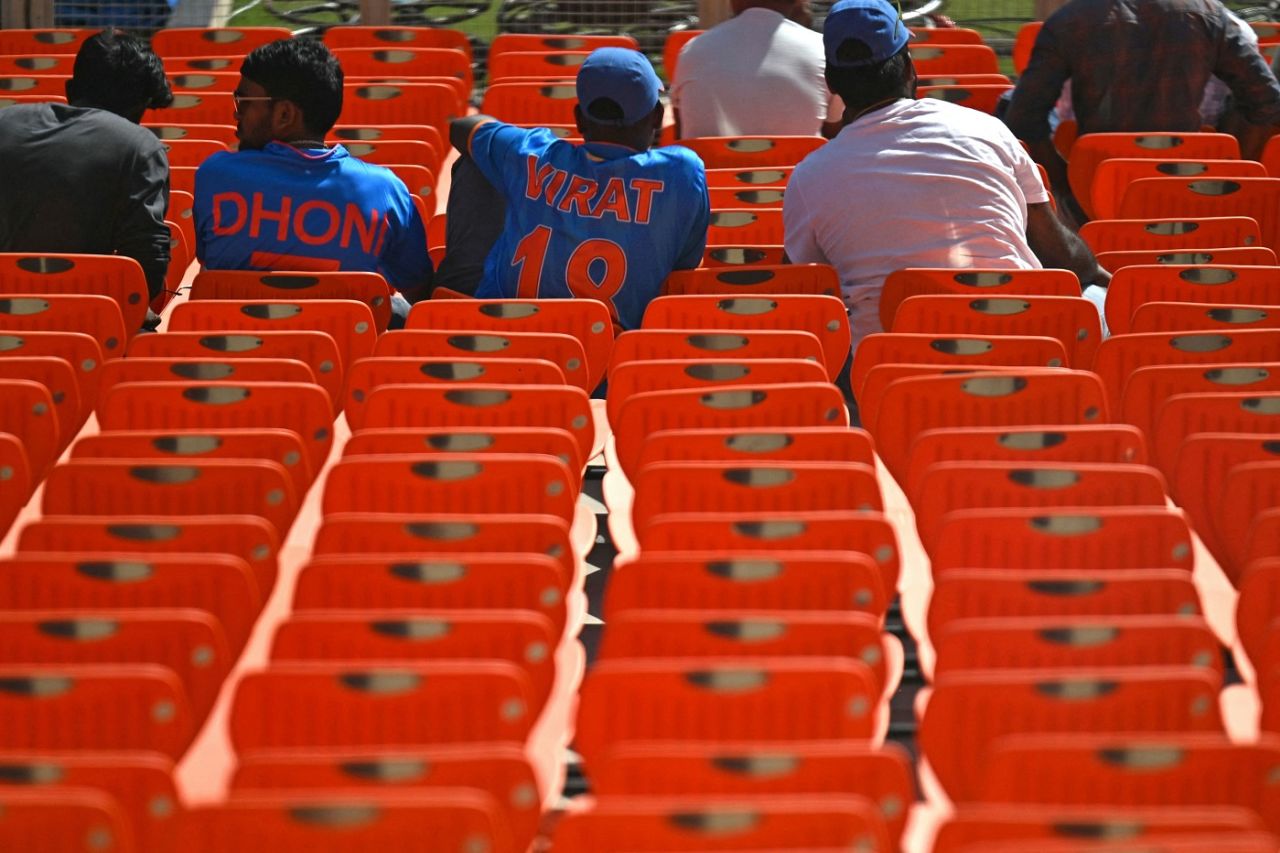 Fans of MS Dhoni and Virat Kohli watch the England vs New Zealand game, England vs New Zealand, Men's ODI World Cup 2023, Ahmedabad, October 5, 2023