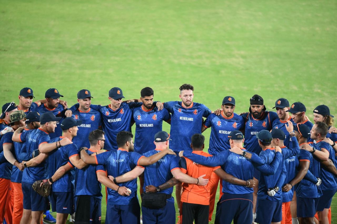 The Netherlands players huddle at the end of their training session, Netherlands vs Pakistan, World Cup, Hyderabad, October 5, 2023