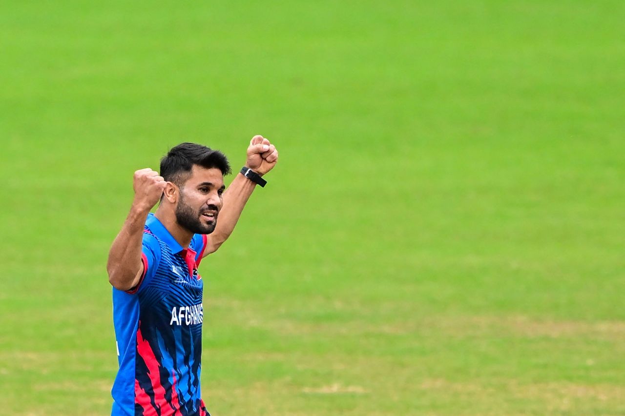 Qais Ahmad celebrates after dismissing Haider Ali, Afghanistan vs Pakistan, semi-final, Asian Games, Hangzhou, 6 October, 2023