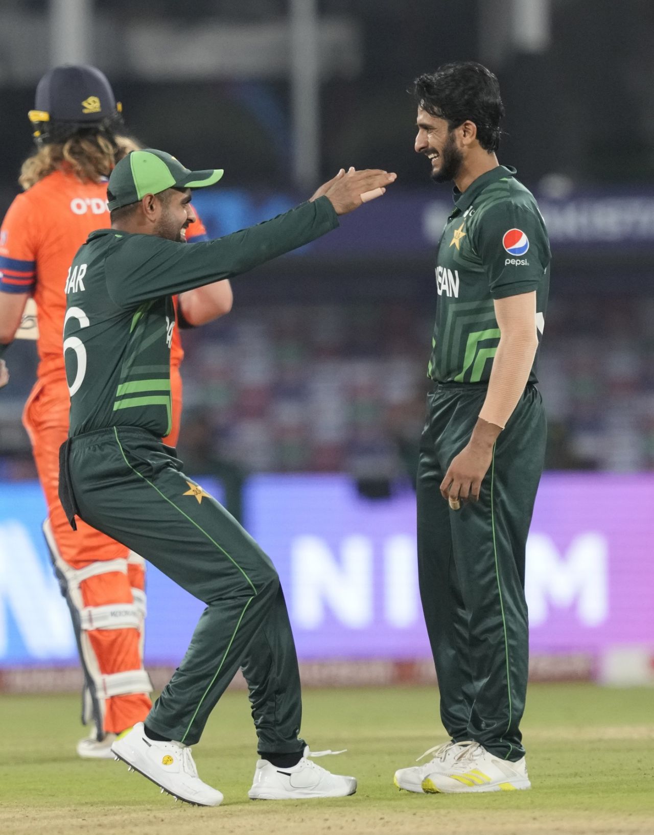 Hasan Ali gets a hug from Babar Azam after dismissing Max O'Dowd, Netherlands vs Pakistan, World Cup, Hyderabad, October 6, 2023