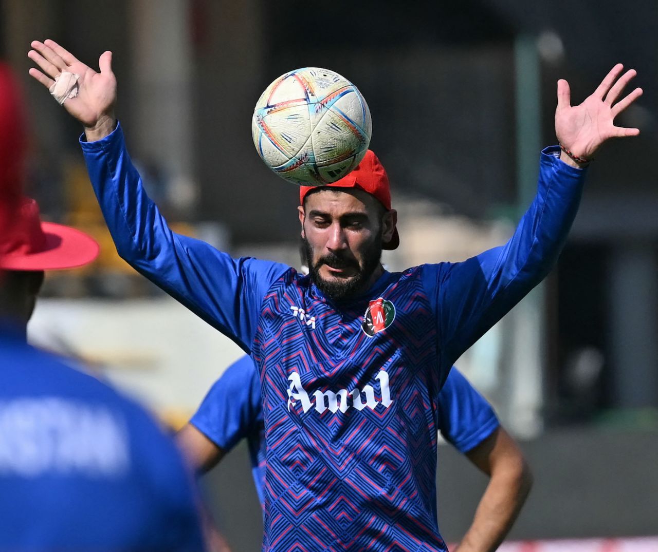 Ikram Alikhil has a go with a football - it's not quite his thing, clearly, Afghanistan vs Bangladesh, World Cup, Dharamsala, October 6, 2023