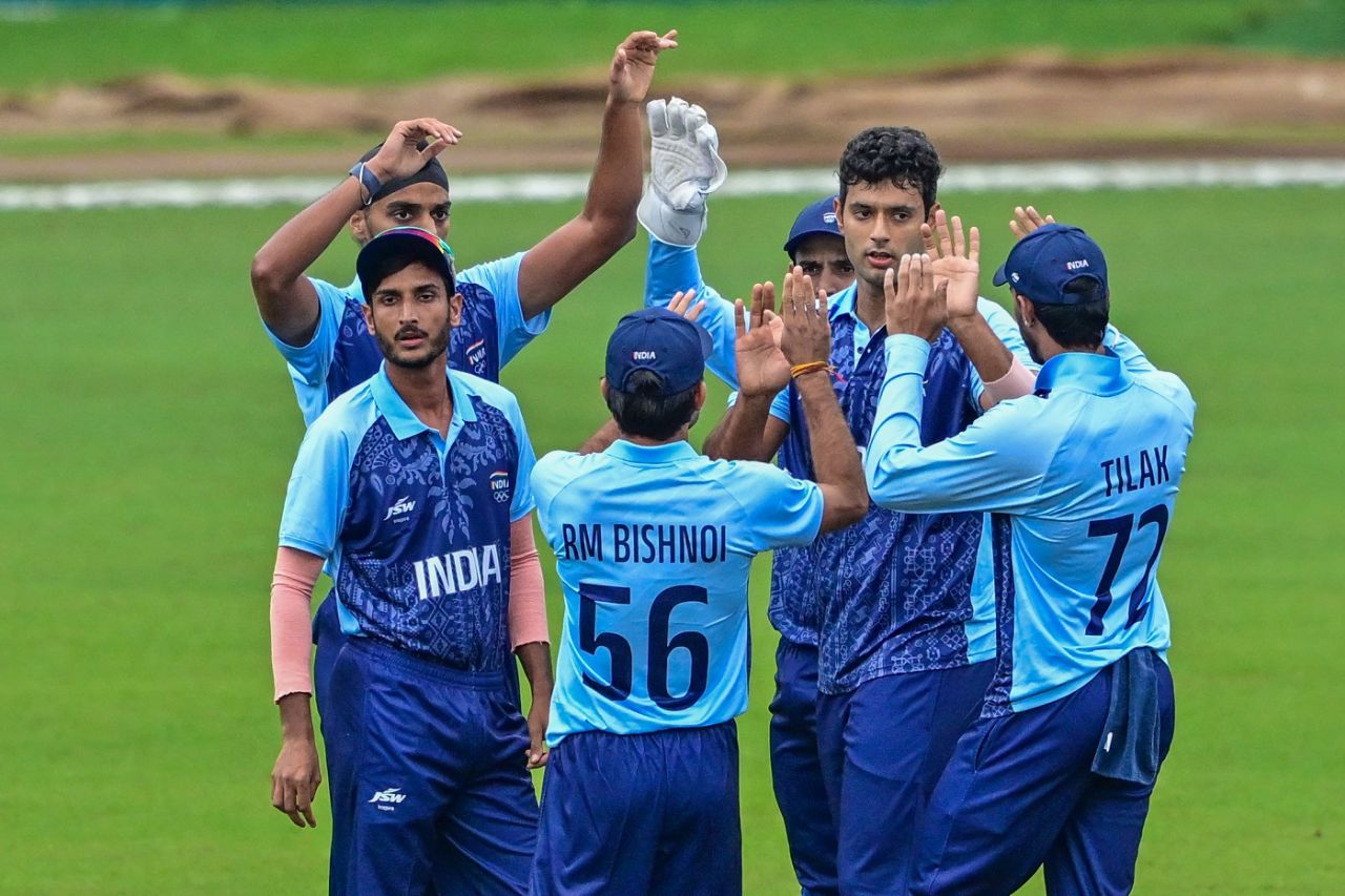 Shivam Dube celebrates with his team-mates Afghanistan vs India, Asian Games final, Hangzhou, October 07, 2023