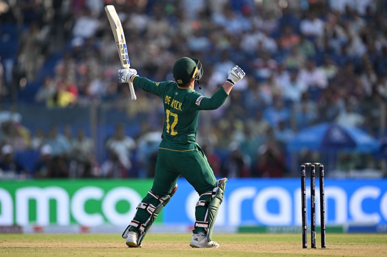 Quinton de Kock celebrates his hundred, South Africa vs Sri Lanka, World Cup, Delhi, October 7, 2023