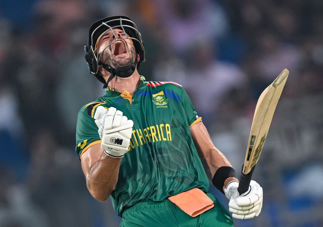 Aiden Markram celebrates a historic hundred, South Africa vs Sri Lanka, World Cup, Delhi, October 7, 2023